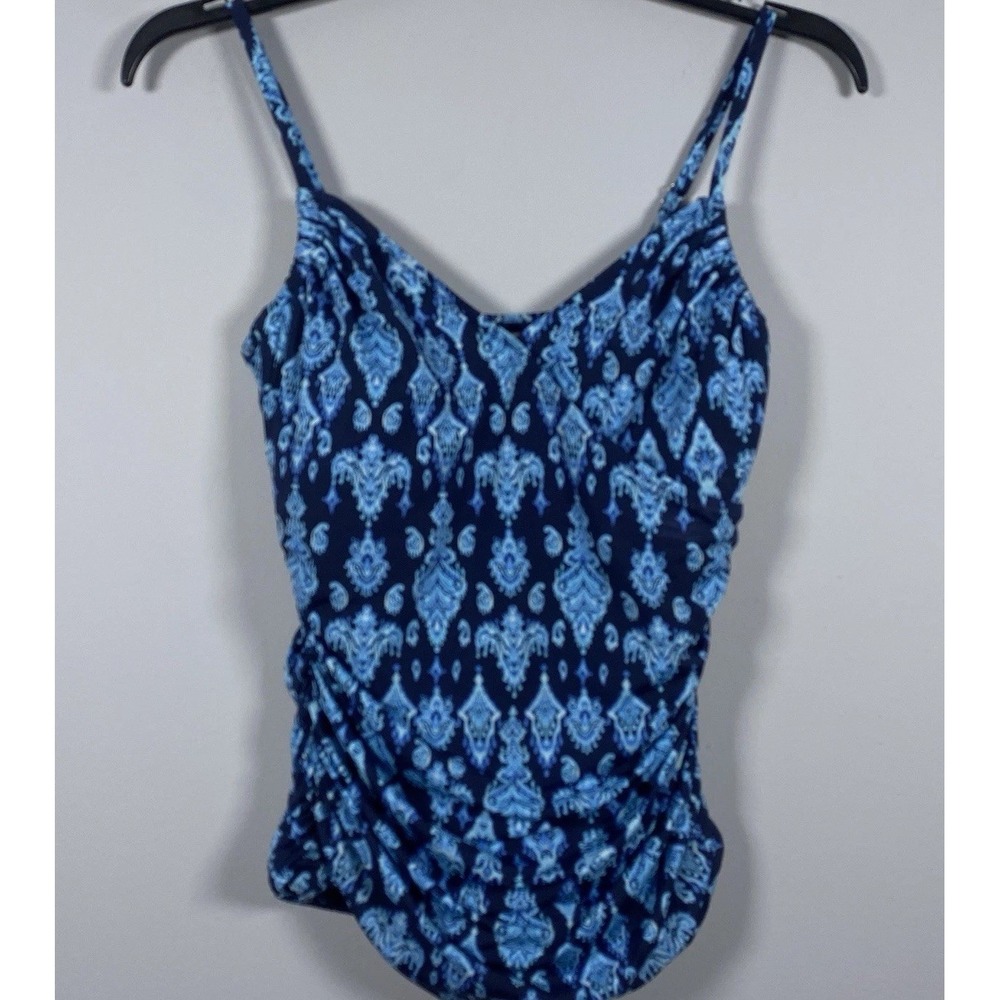 Garnet Hill Ruched Blue Paisley Print Tankini Swim Top Women's Sz 6 Beach Resort